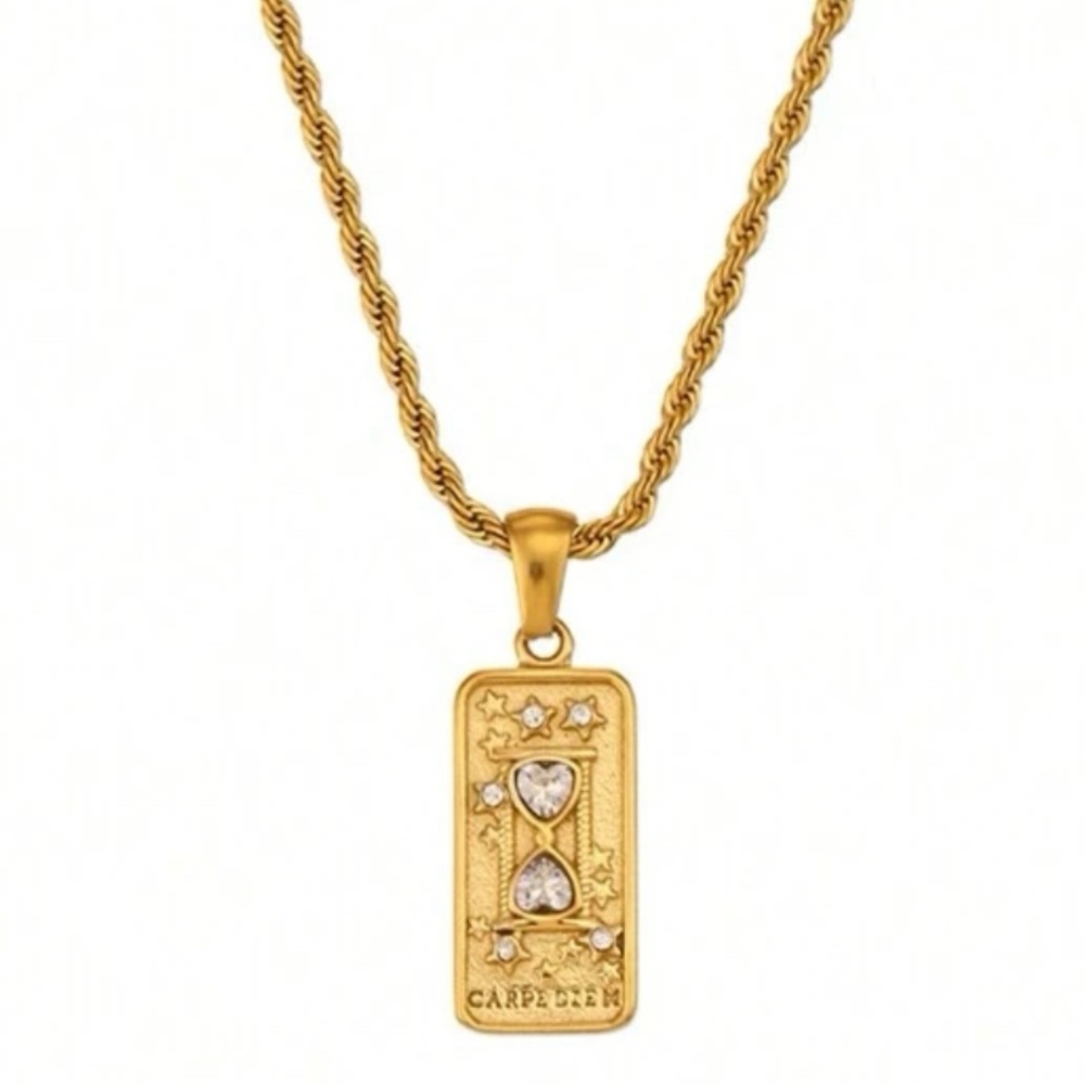 18k Gold Plated Carpe Diem hourglass card shaped pendant necklace. New.